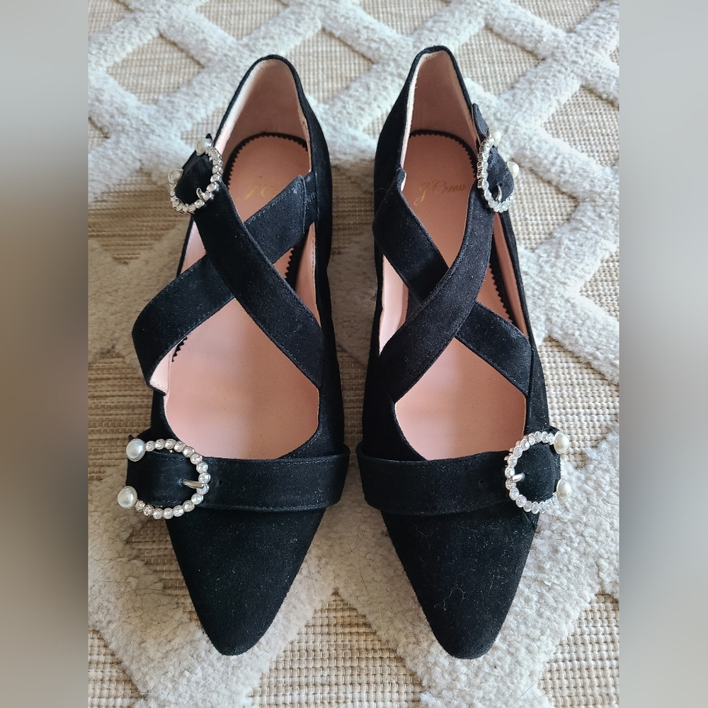 J.Crew Marina Black Suede Criss Cross Ballet Flats Rhinestones & Pearls Size 7 - Picture 2 of 9